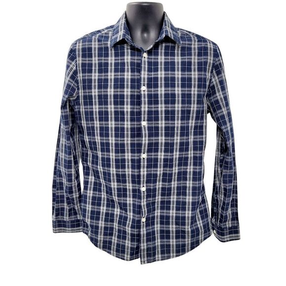 2/$20 H&M Navy Blue & White Plaid Pattern Buttons Down Shirt Slim Fit Size: M - Picture 1 of 12